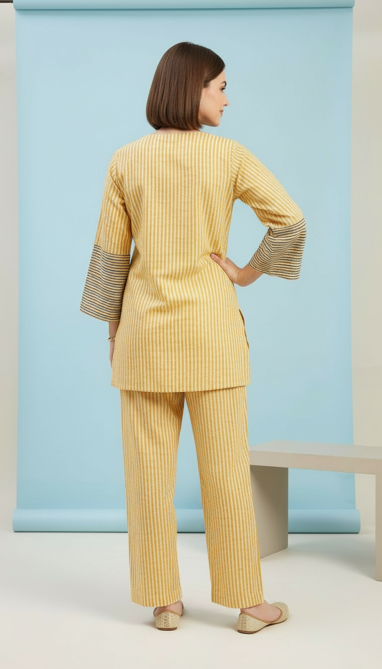 Pure Pashmina Jacquard Woolen Printed Cord Set Suit - Yellow / HC002614 view 5