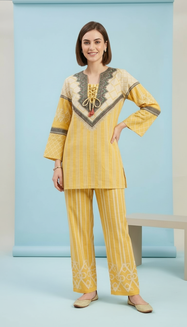 Pure Pashmina Jacquard Woolen Printed Cord Set Suit - Yellow / HC002614 view 7