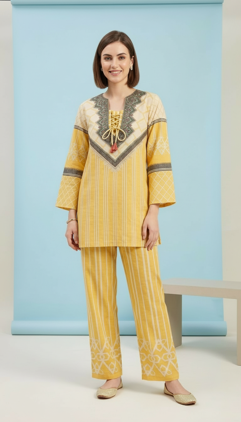 Pure Pashmina Jacquard Woolen Printed Cord Set Suit - Yellow / HC002614 view 3