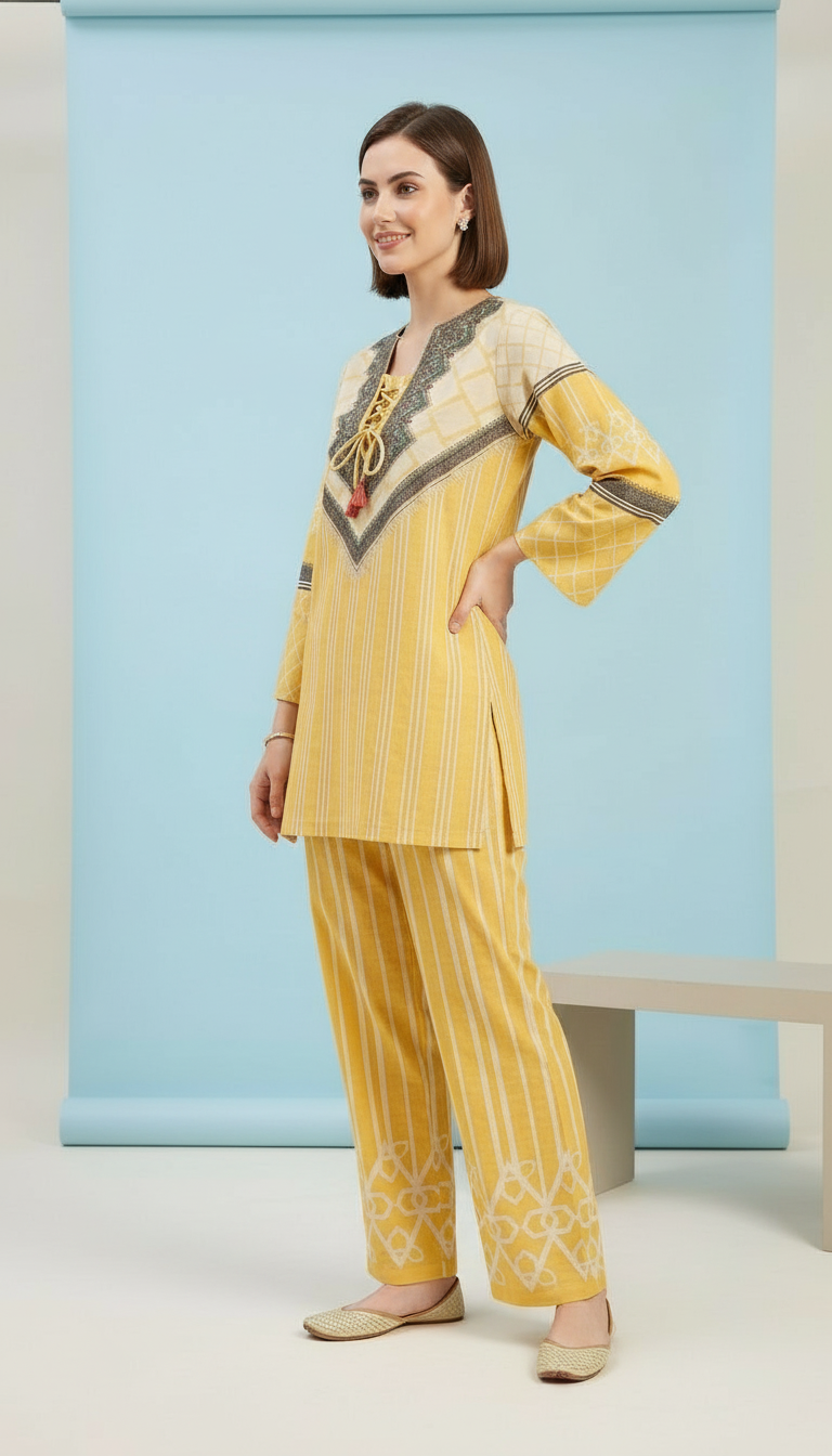 Pure Pashmina Jacquard Woolen Printed Cord Set Suit - Yellow / HC002614 view 4