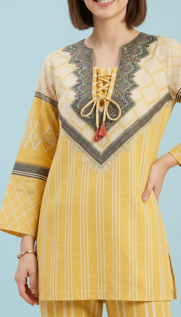 Pure Pashmina Jacquard Woolen Printed Cord Set Suit - Yellow / HC002614 view 6