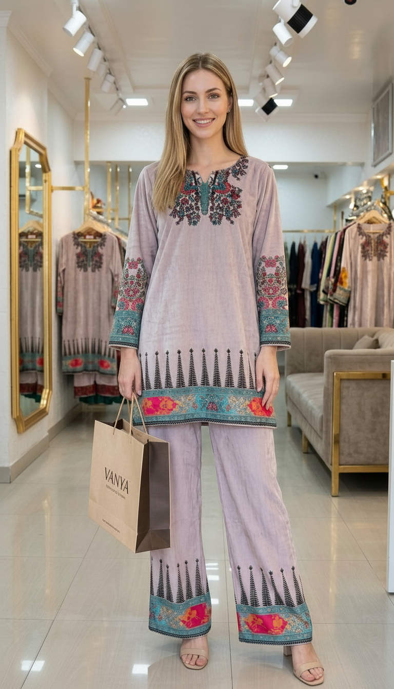 Stylish Woolen Printed Cord Set Suit - Pink  / HC002615 view 7