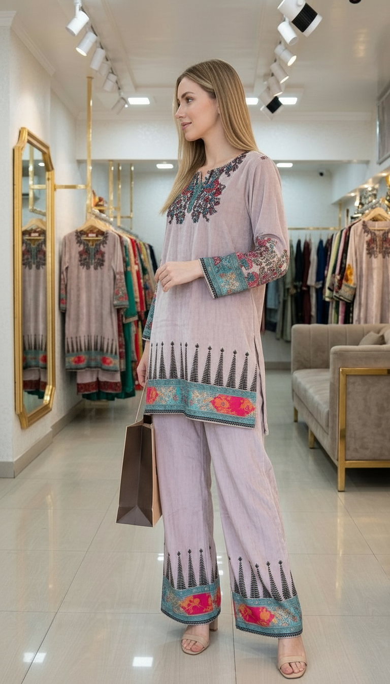 Stylish Woolen Printed Cord Set Suit - Pink  / HC002615 view 3