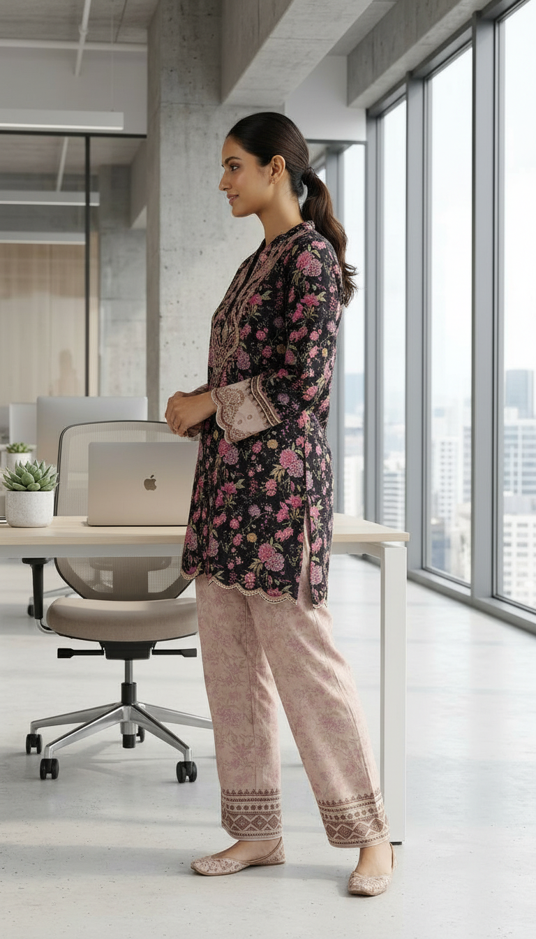 Pure Pashmina Woolen Printed Stitch Cord Set Suit - Black / HC002616 view 2