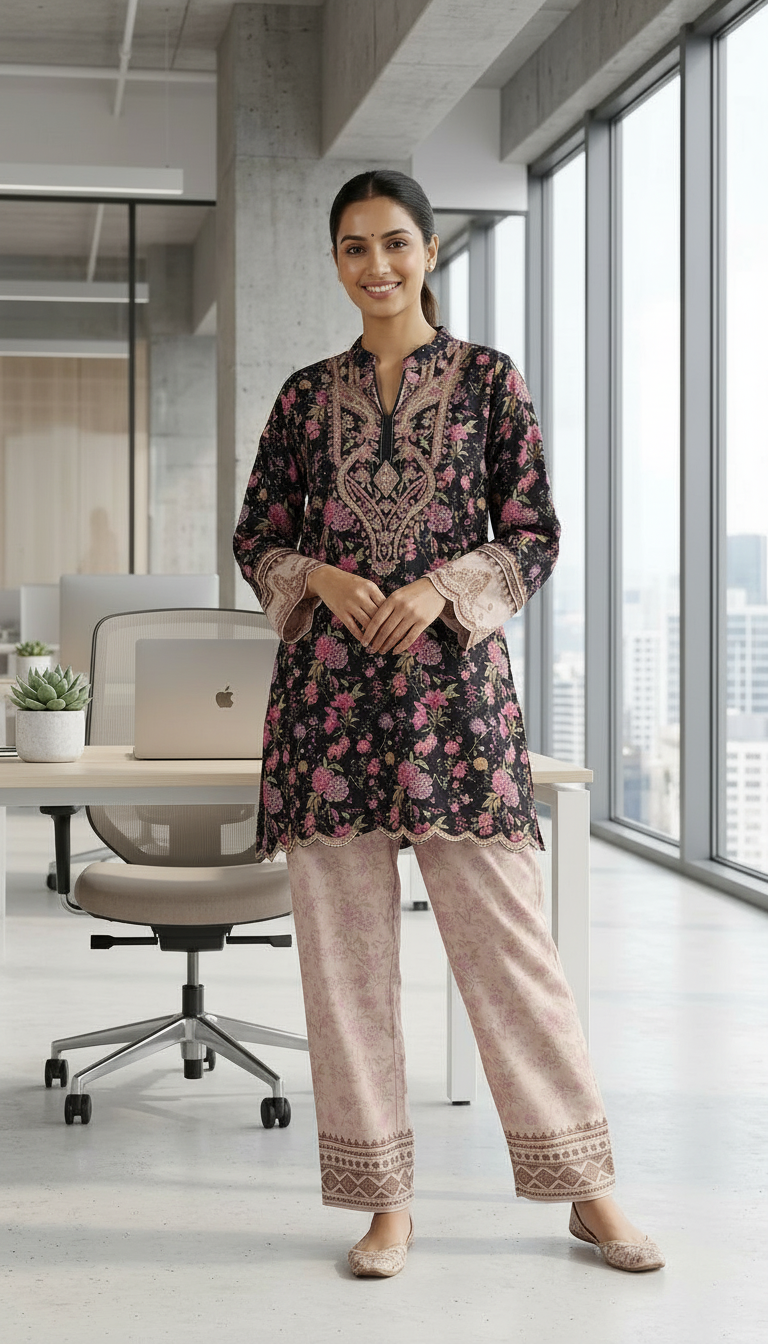 Pure Pashmina Woolen Printed Stitch Cord Set Suit - Black / HC002616 view 3