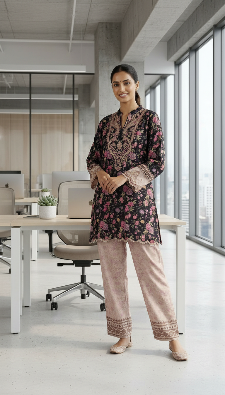 Pure Pashmina Woolen Printed Stitch Cord Set Suit - Black / HC002616 view 7
