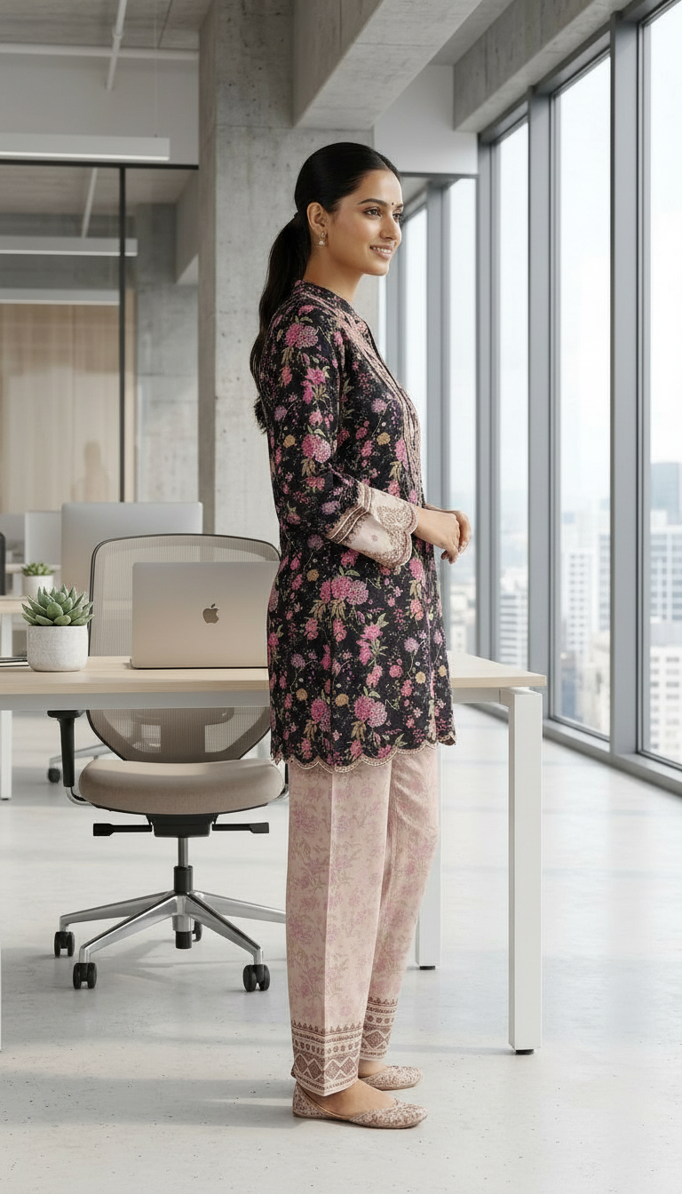 Pure Pashmina Woolen Printed Stitch Cord Set Suit - Black / HC002616 view 4