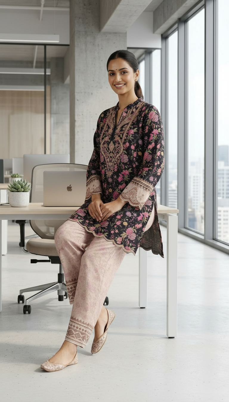 Pure Pashmina Woolen Printed Stitch Cord Set Suit - Black / HC002616 view 8