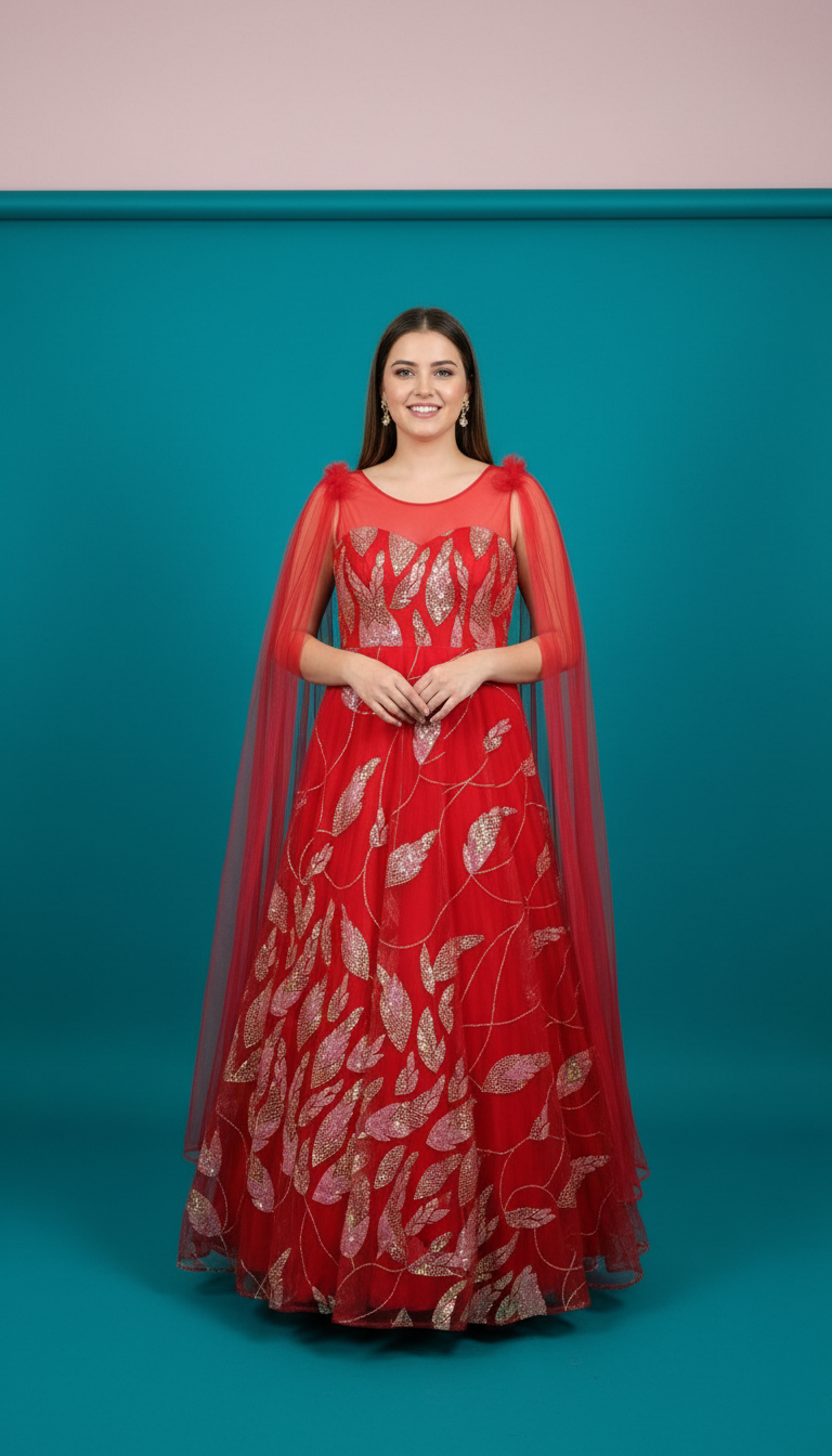 Embroidered Red Gown view 3