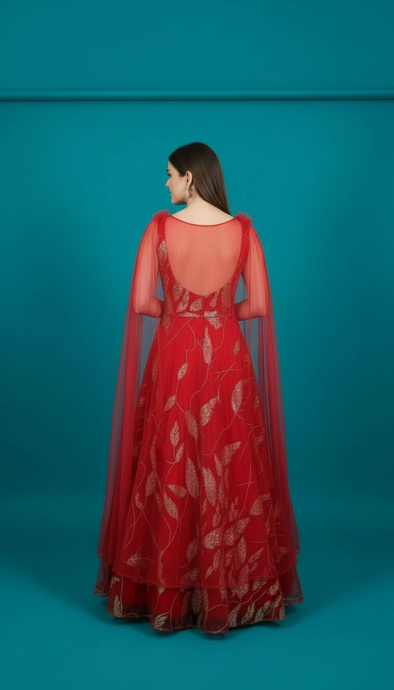 Embroidered Red Gown view 2