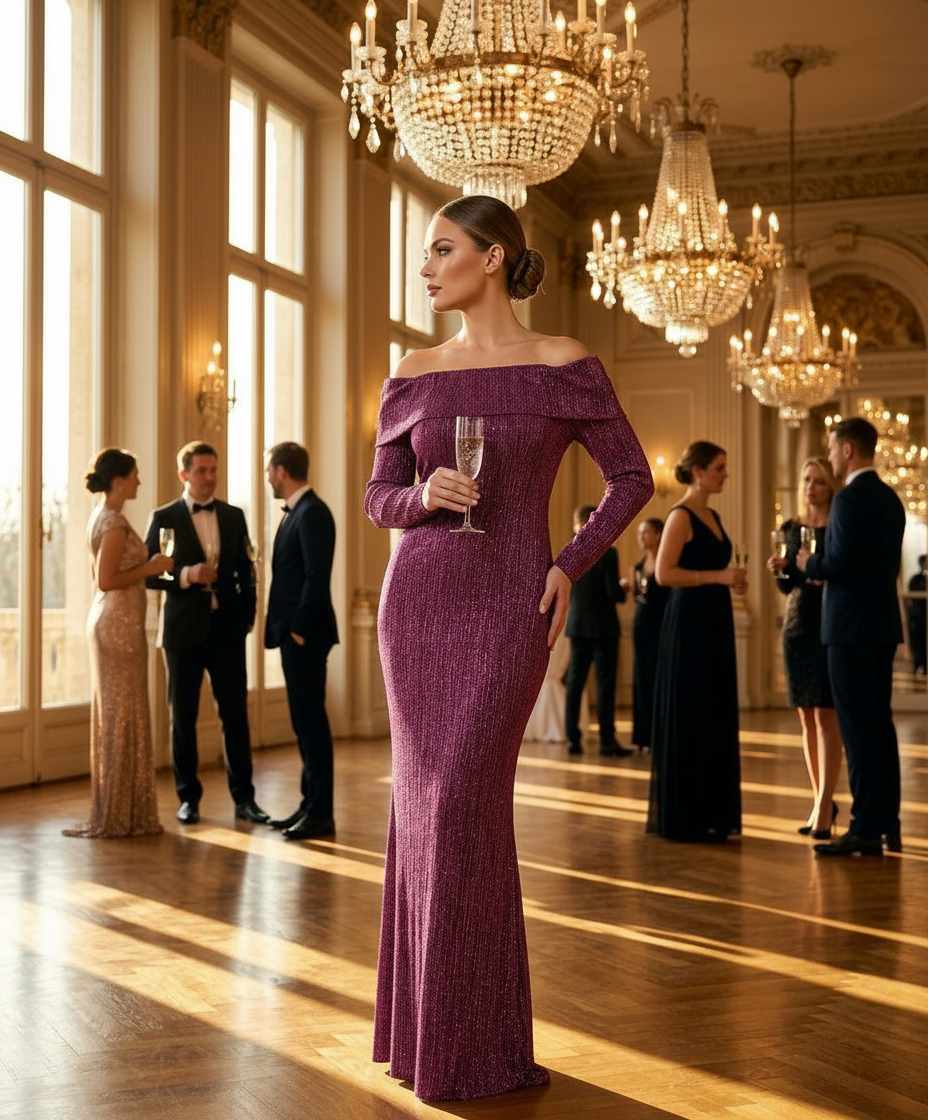 Off-Shoulder Glitter Simmer Dress