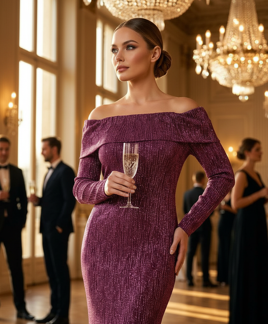 Off-Shoulder Glitter Simmer Dress view 3