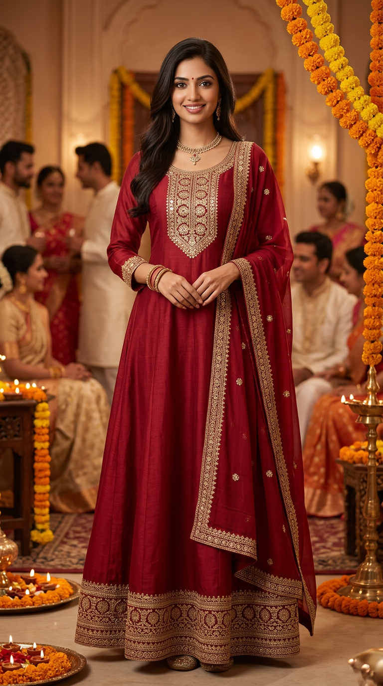Embroidered Maroon Anarkali Suit view 6