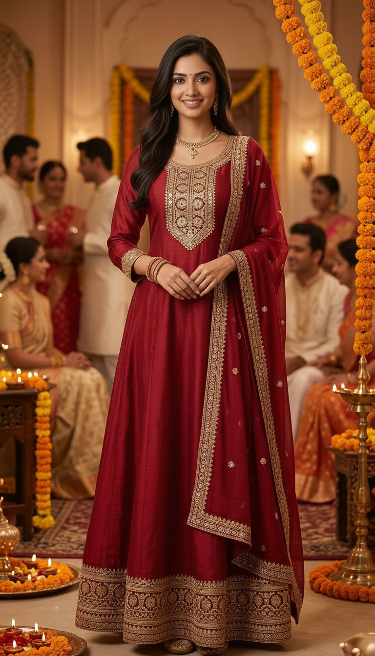 Embroidered Maroon Anarkali Suit view 4