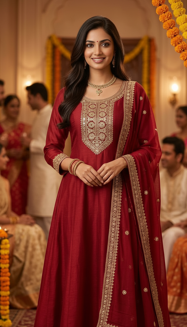 Embroidered Maroon Anarkali Suit