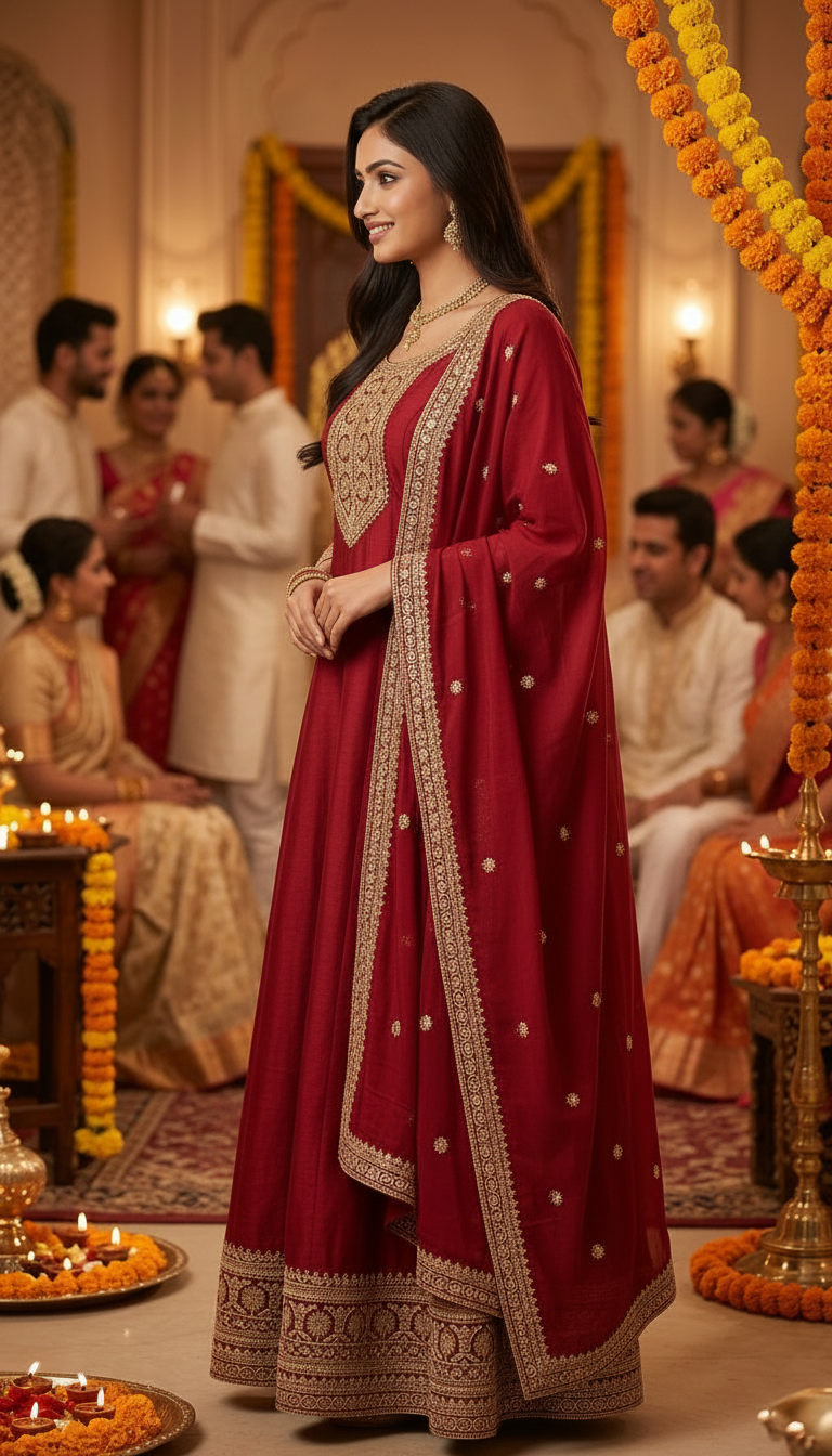 Embroidered Maroon Anarkali Suit view 3