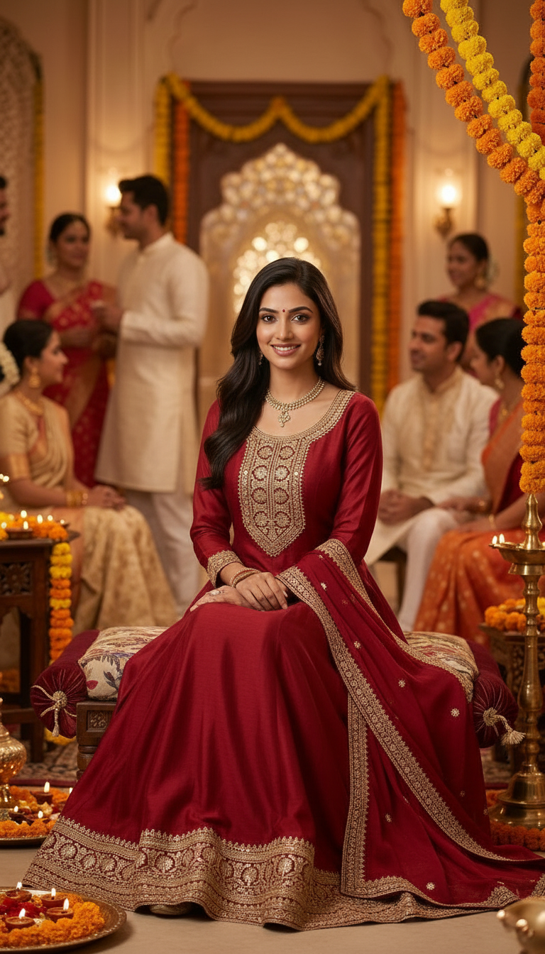 Embroidered Maroon Anarkali Suit view 5