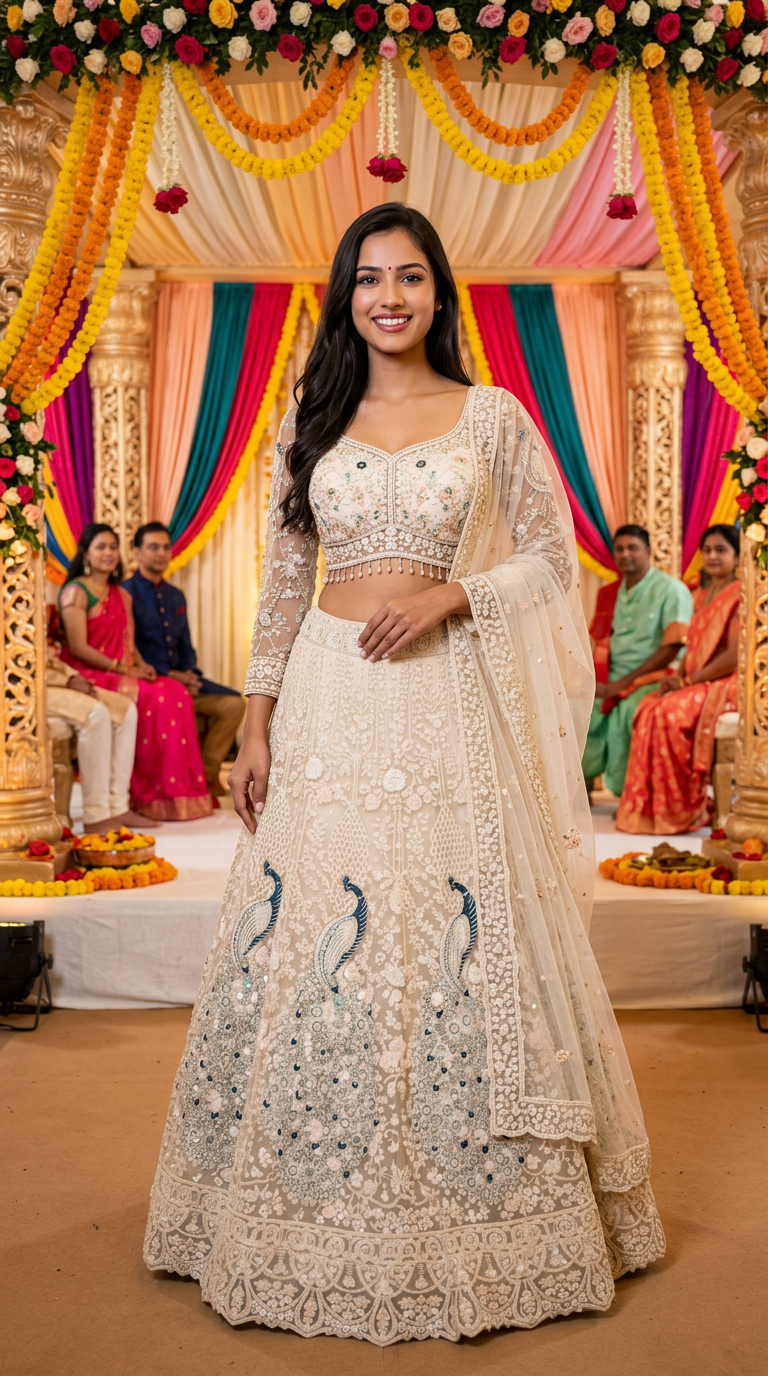 Embroidered Lehenga Choli Cream Colour view 6