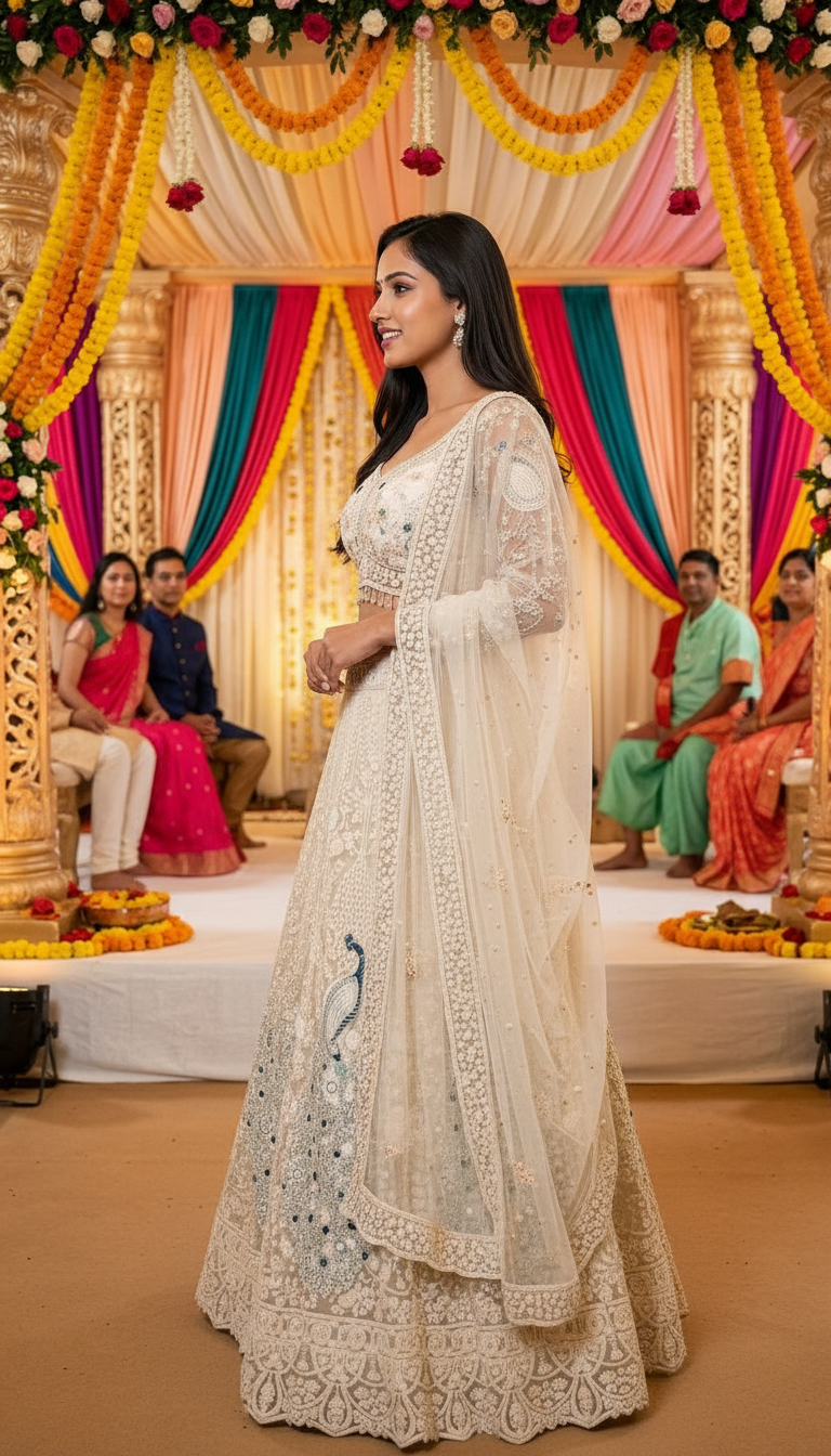 Embroidered Lehenga Choli Cream Colour view 3