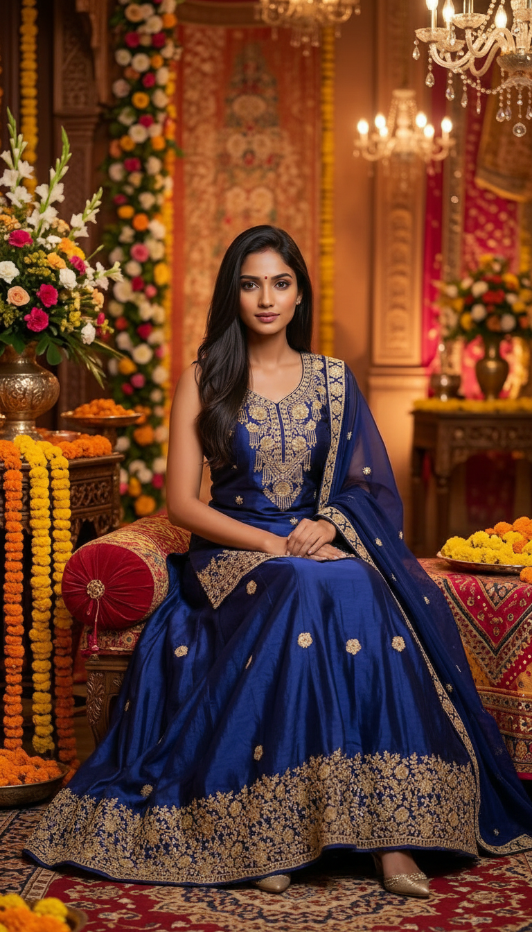Blue Embroidered Lehenga view 4