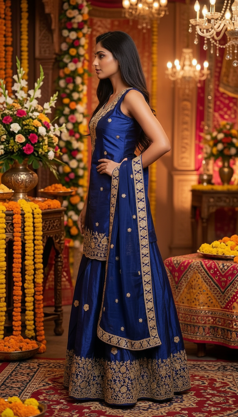 Blue Embroidered Lehenga view 3
