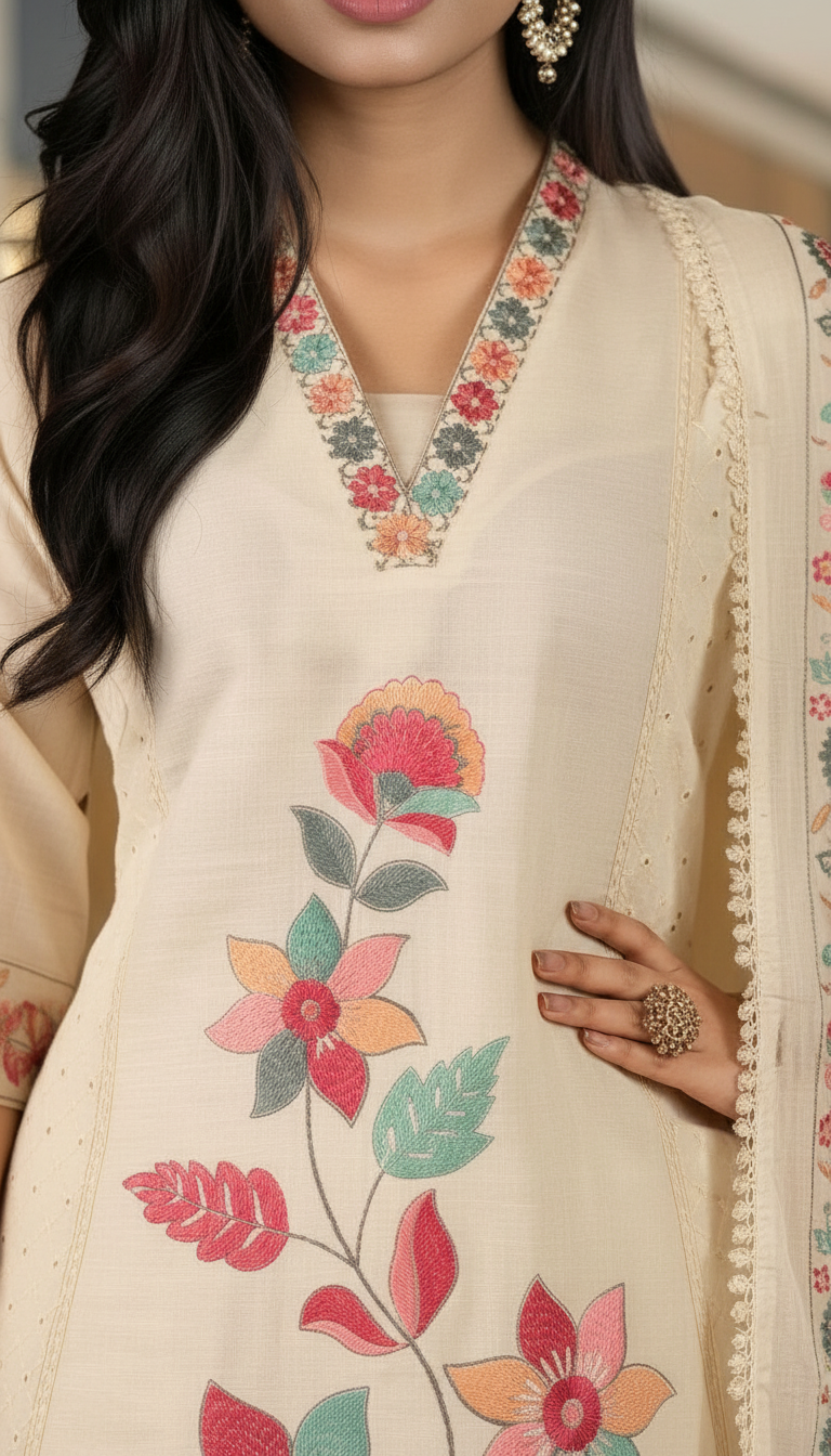 Floral Embroidered Kurta Set view 3