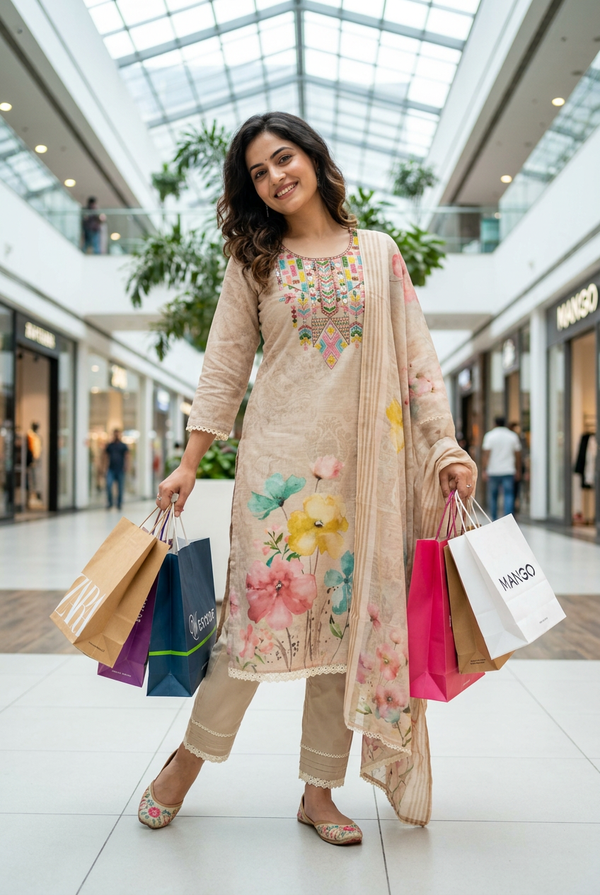 Cotton Linen Floral Kurti Set