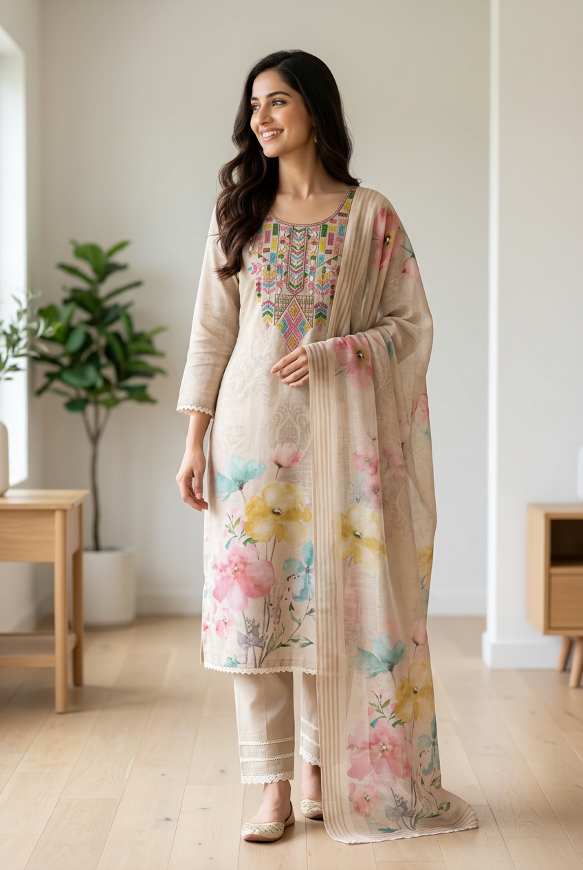 Linen Thread Work Floral Set