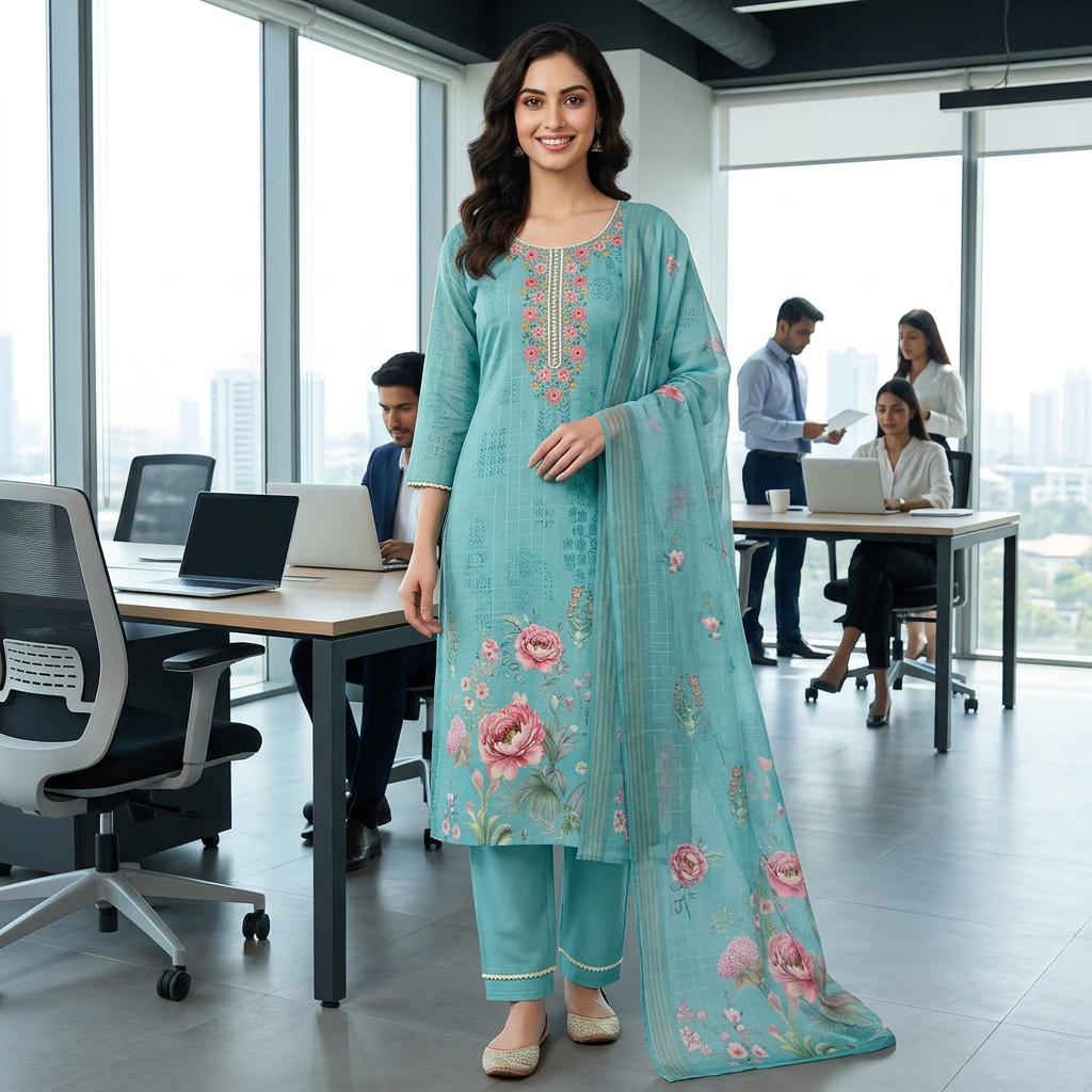 Cotton Linen Floral Printed Kurti Set