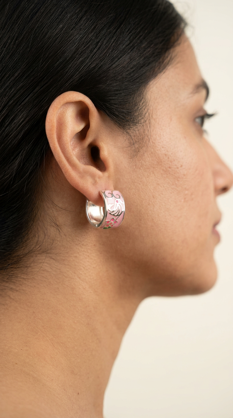 Pink Floral Silver Earrings