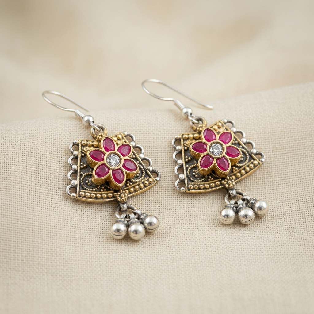 Floral Oxidised Jhumki Earrings