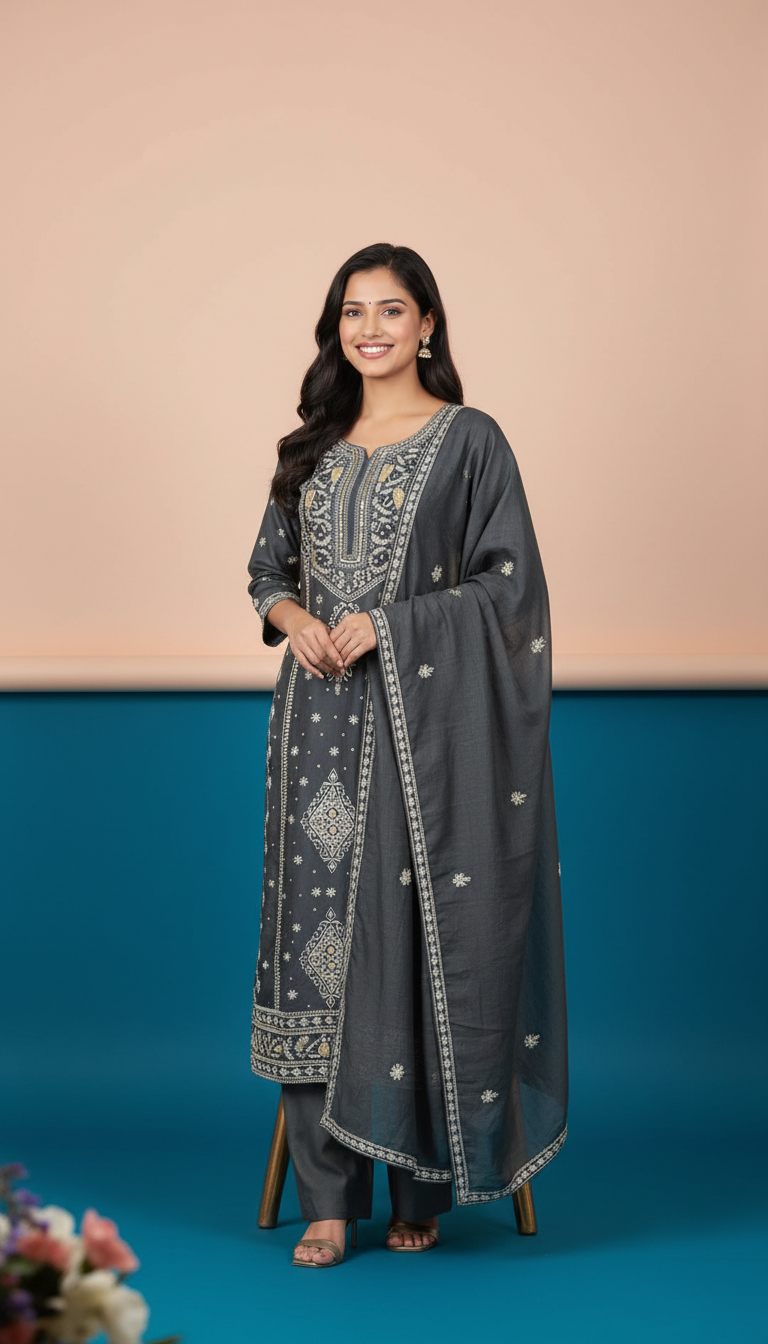 Embroidered Tissue Navy Blue Kurta Set view 4