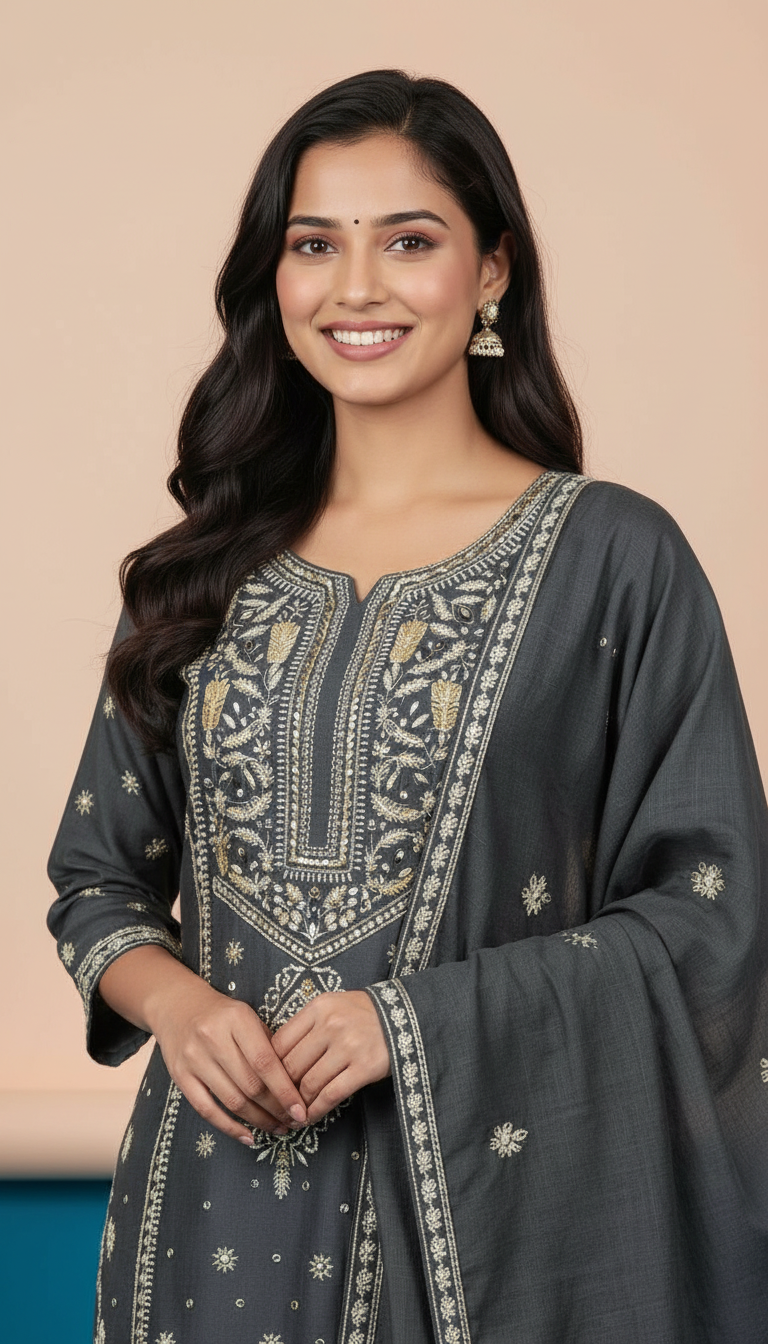 Embroidered Tissue Navy Blue Kurta Set