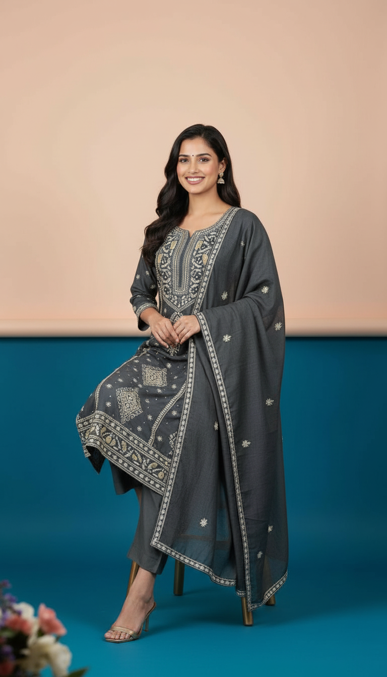 Embroidered Tissue Navy Blue Kurta Set view 3