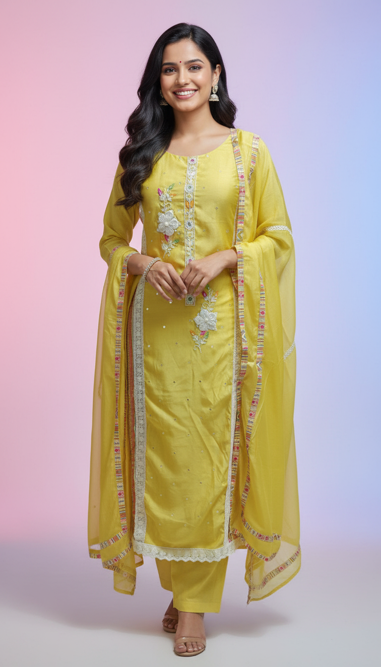 Ethnic Yellow 3pcs Suit Set view 4