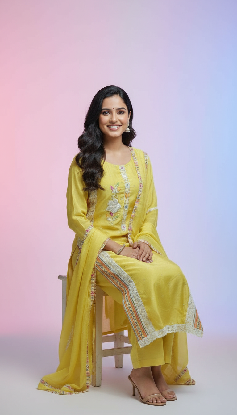 Ethnic Yellow 3pcs Suit Set view 3