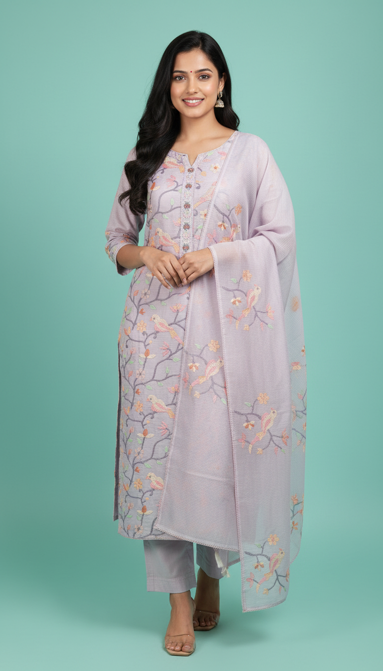 Chikankari Embroidered Kota Kurta Set view 5