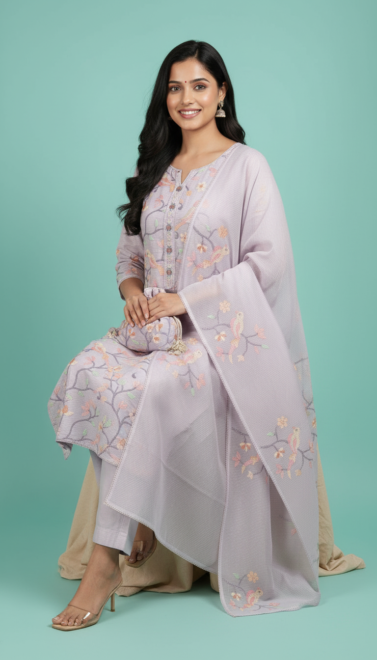 Chikankari Embroidered Kota Kurta Set view 2