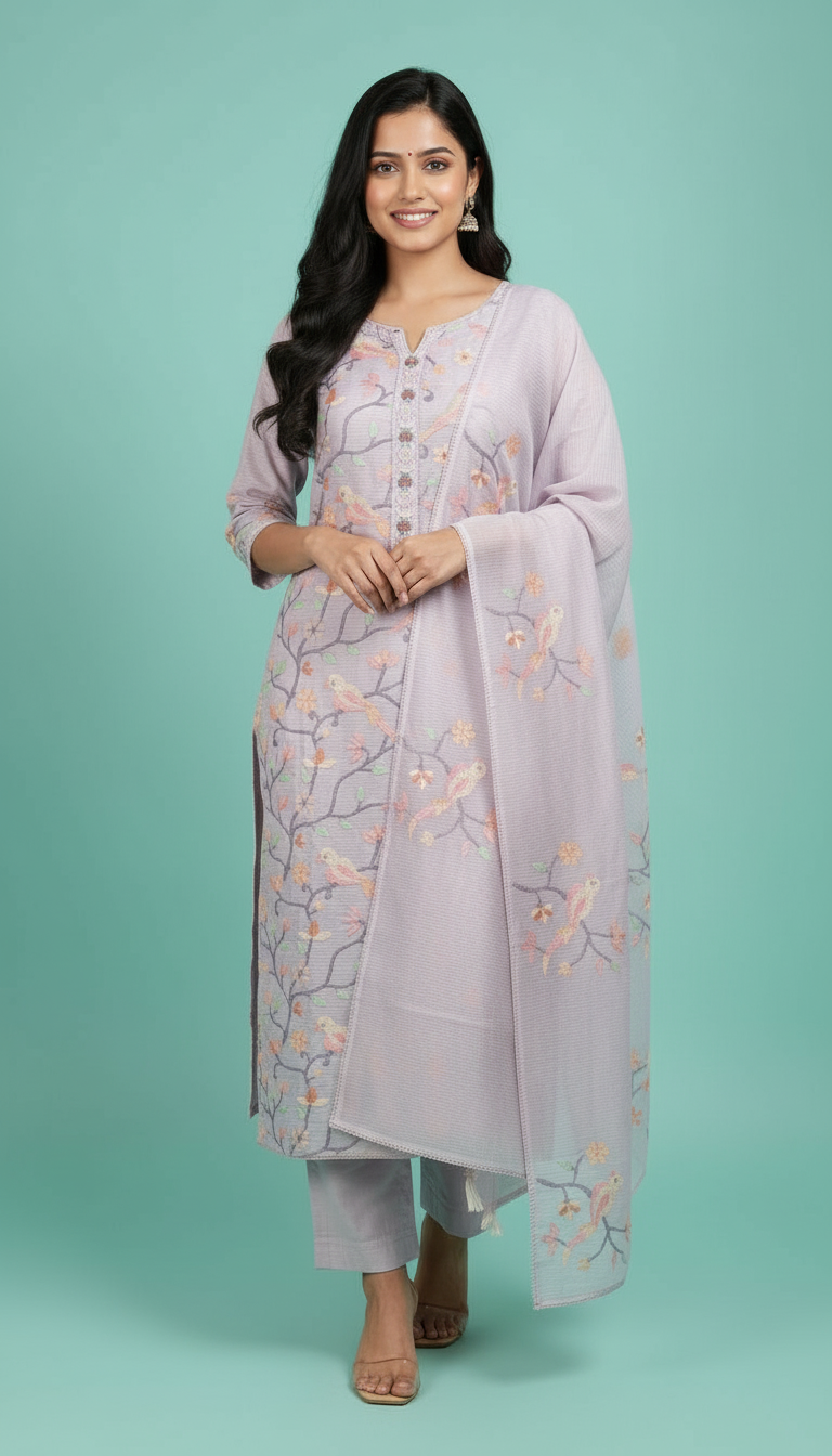 Chikankari Embroidered Kota Kurta Set view 3