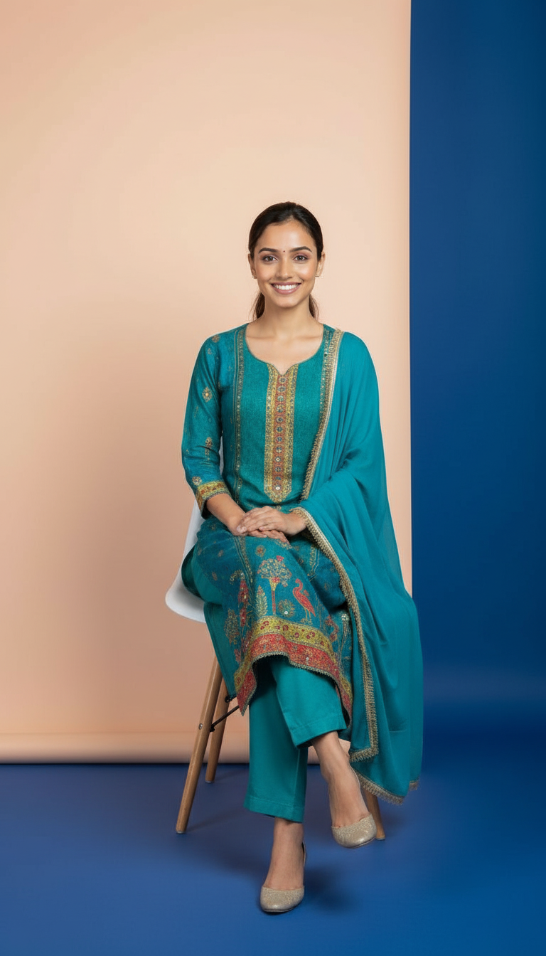 Embroidered Crepe Kurta Set view 4