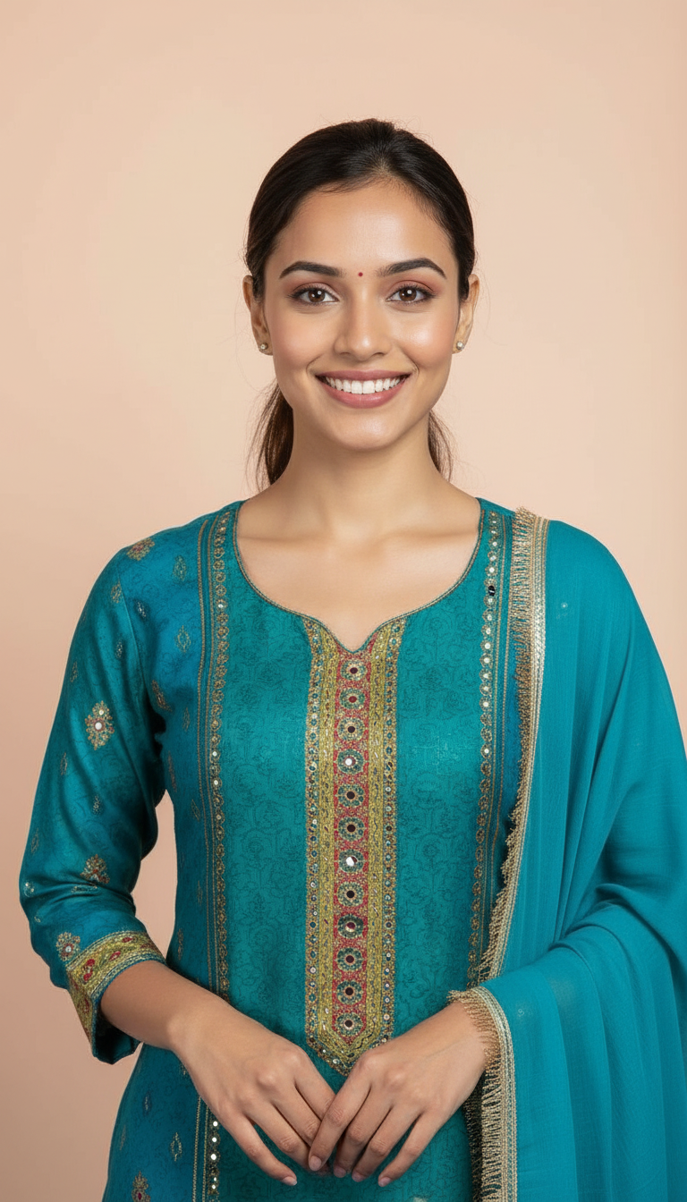 Embroidered Crepe Kurta Set view 5