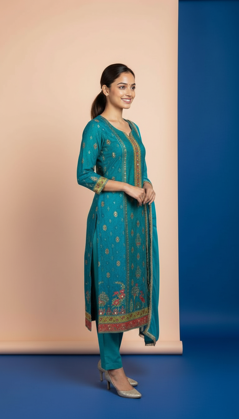 Embroidered Crepe Kurta Set view 3