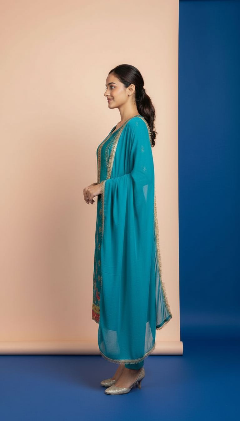 Embroidered Crepe Kurta Set view 2