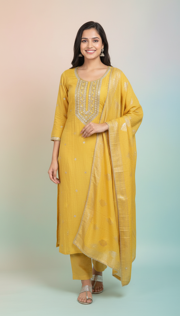 Crush Tissue Yellow Kurta Set view 4