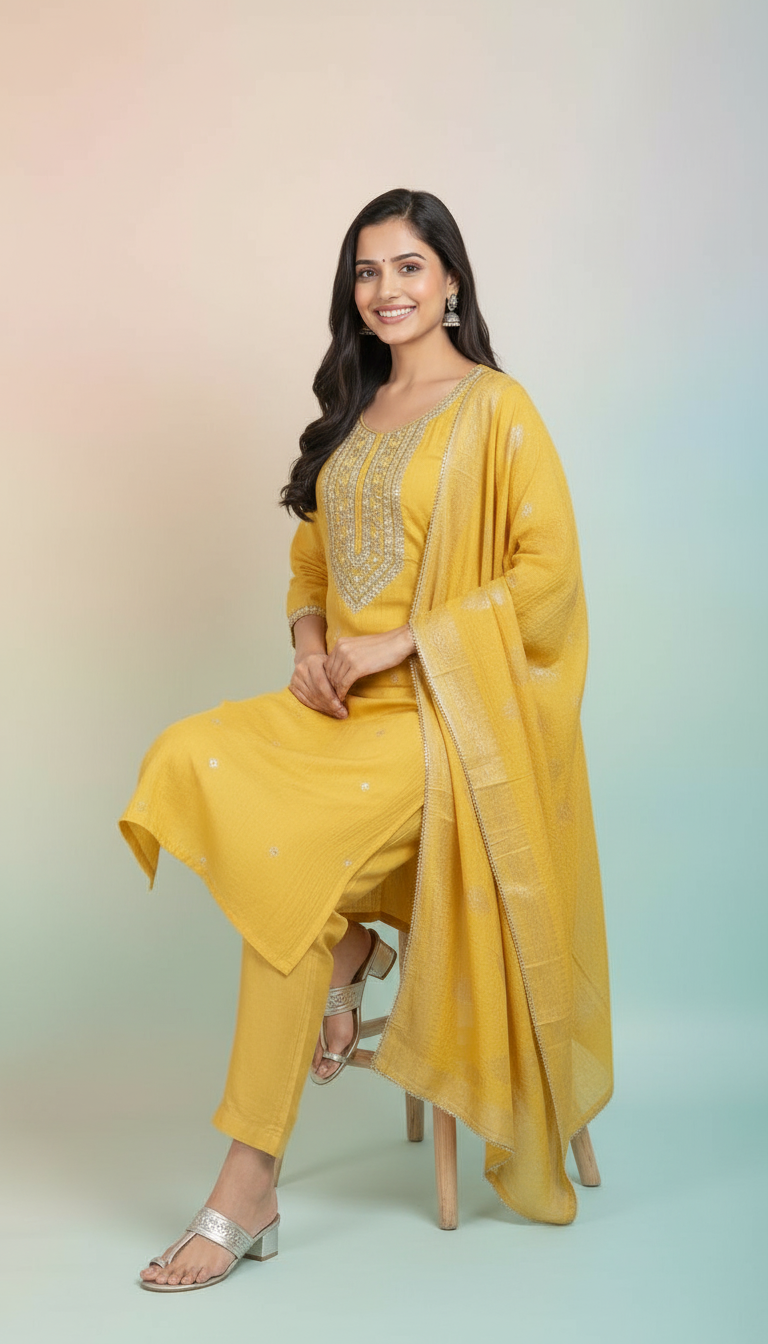 Crush Tissue Yellow Kurta Set view 2