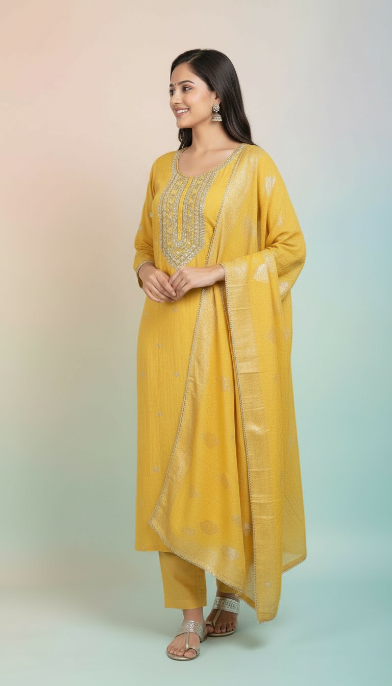 Crush Tissue Yellow Kurta Set view 3