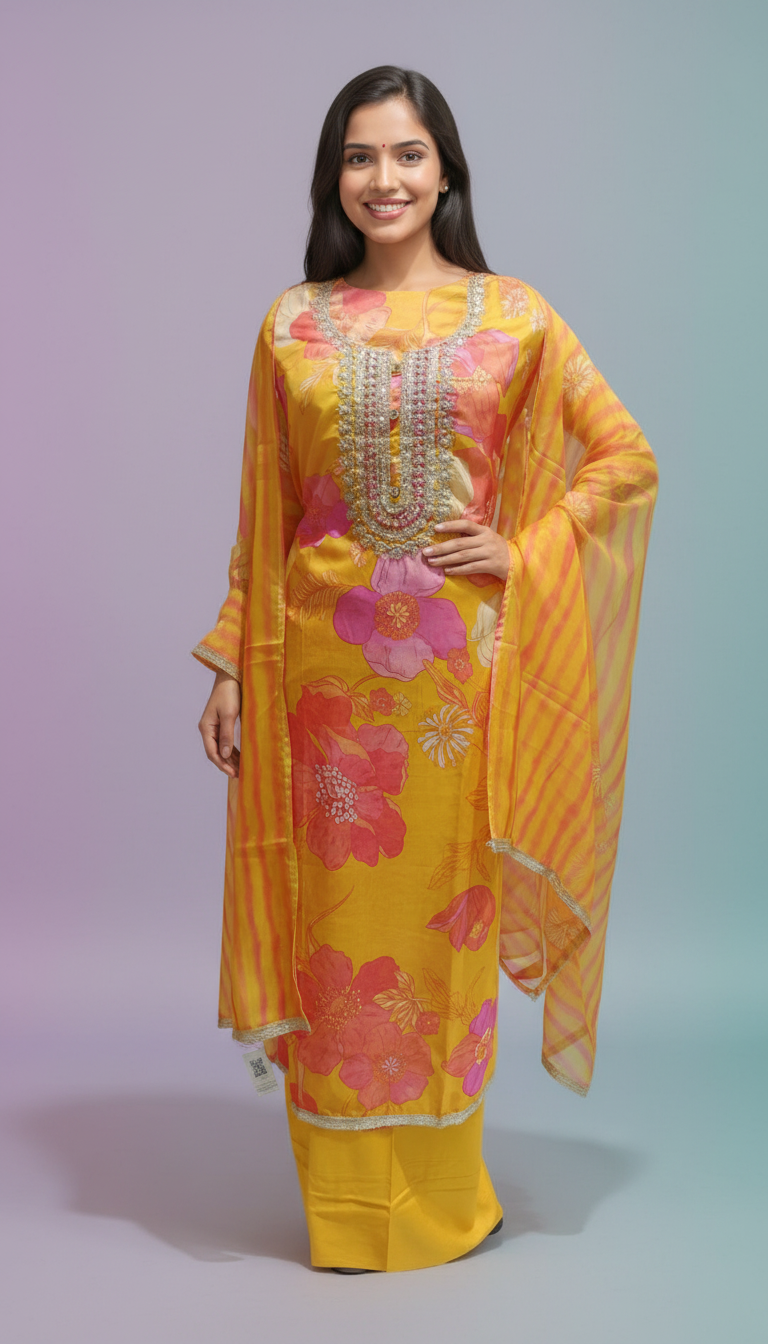 Printed Organza Floral Embroidered Kurta Set view 5
