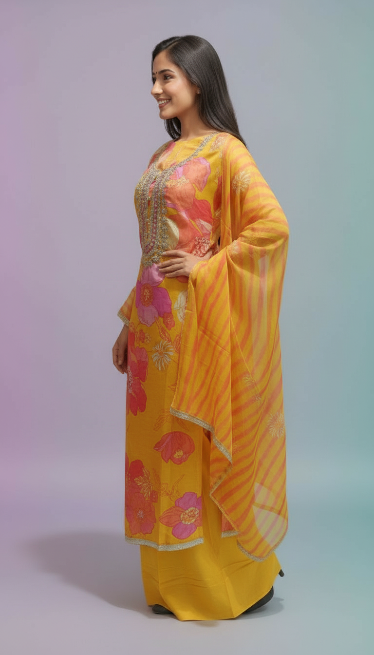 Printed Organza Floral Embroidered Kurta Set view 3