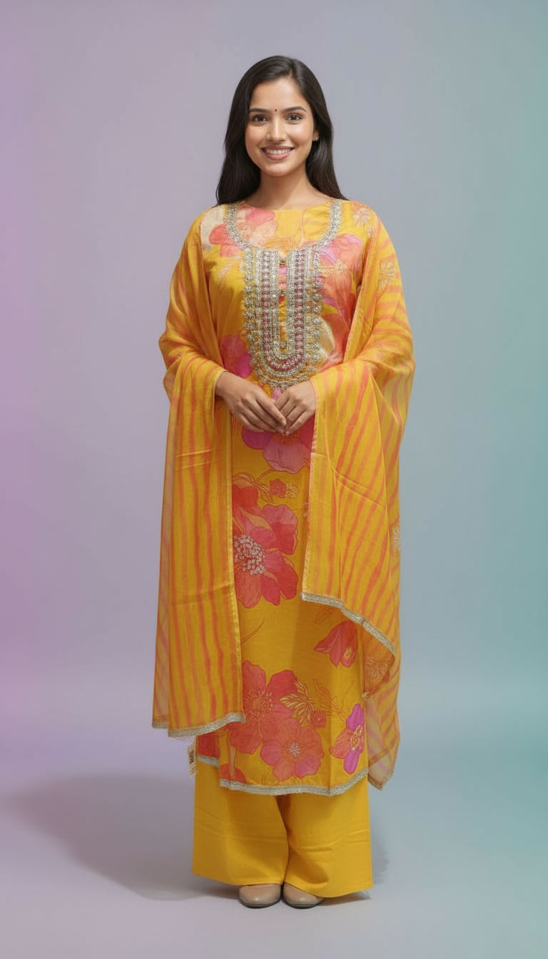 Printed Organza Floral Embroidered Kurta Set view 4