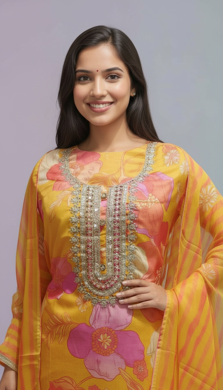 Printed Organza Floral Embroidered Kurta Set view 2
